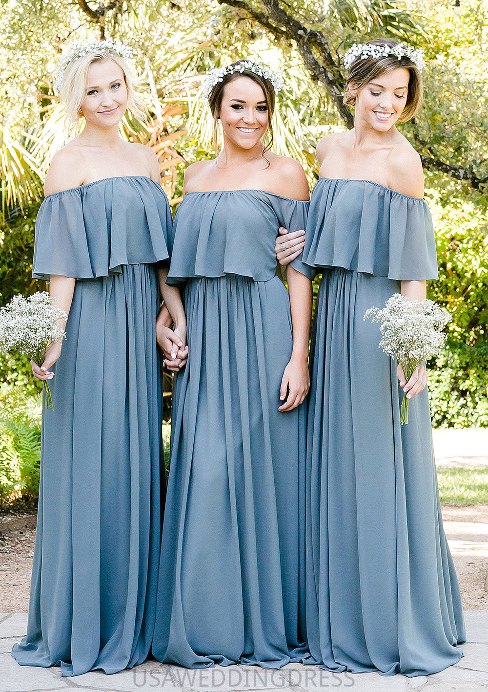 Off-The-Shoulder A-Line/Princess Long/Floor-Length Chiffon Bridesmaid Dresses With Ruffles Sanaa DSP0025555