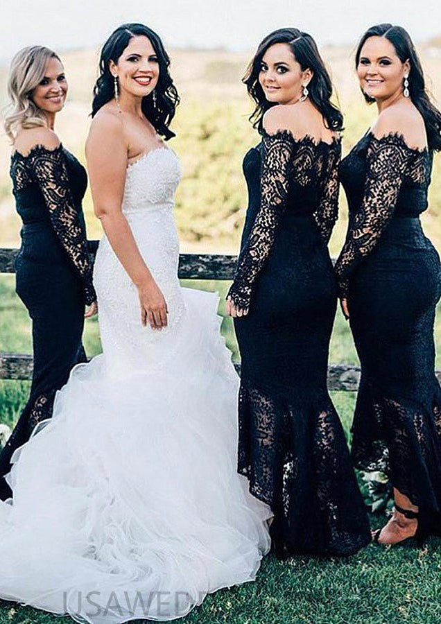 Off-the-Shoulder Full/Long Sleeve Asymmetrical Trumpet/Mermaid Lace Bridesmaid Dresseses Belinda DSP0025566
