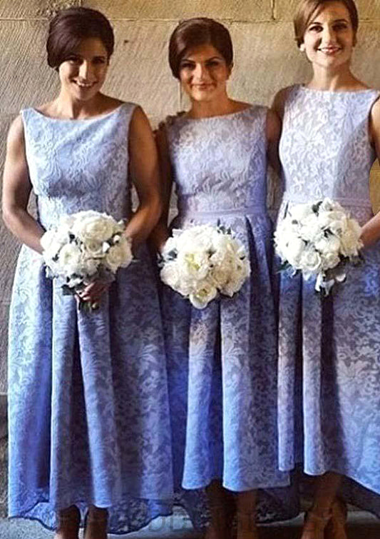 Bateau Sleeveless Asymmetrical A-line/Princess Lace Bridesmaid Dresseses With Pleated Philippa DSP0025576