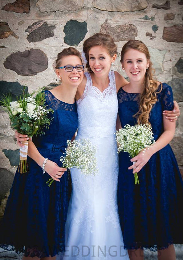 Bateau Short Sleeve A-line/Princess Lace Knee-Length Bridesmaid Dresseses Vicky DSP0025582