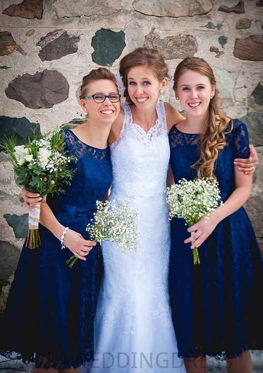 Bateau Short Sleeve A-line/Princess Lace Knee-Length Bridesmaid Dresseses Vicky DSP0025582