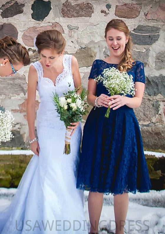 Bateau Short Sleeve A-line/Princess Lace Knee-Length Bridesmaid Dresseses Vicky DSP0025582