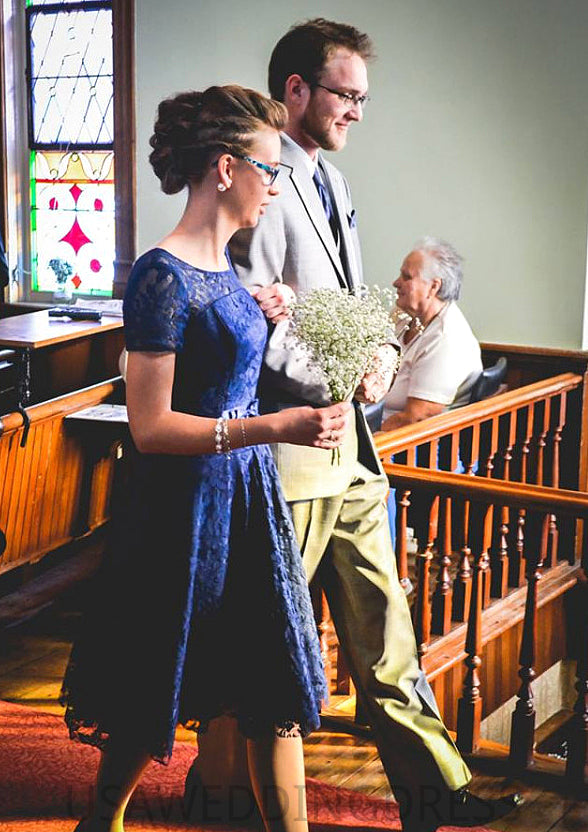 Bateau Short Sleeve A-line/Princess Lace Knee-Length Bridesmaid Dresseses Vicky DSP0025582