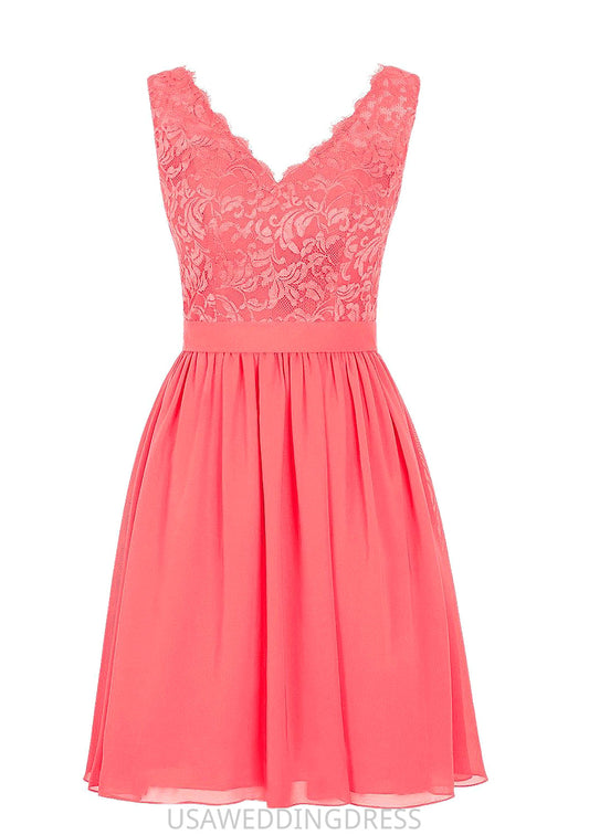 Sleeveless V Neck Knee-Length Chiffon A-line/Princess Bridesmaid Dresses With Lace Eva DSP0025588