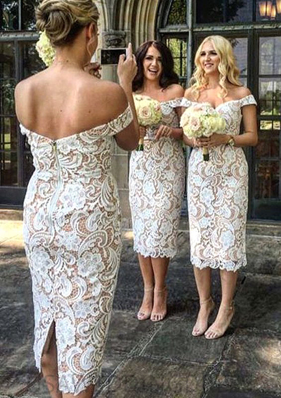 Sheath/Column Off-the-Shoulder Tea-Length Sheath/Column Lace Bridesmaid Dresseses With Split Eve DSP0025601