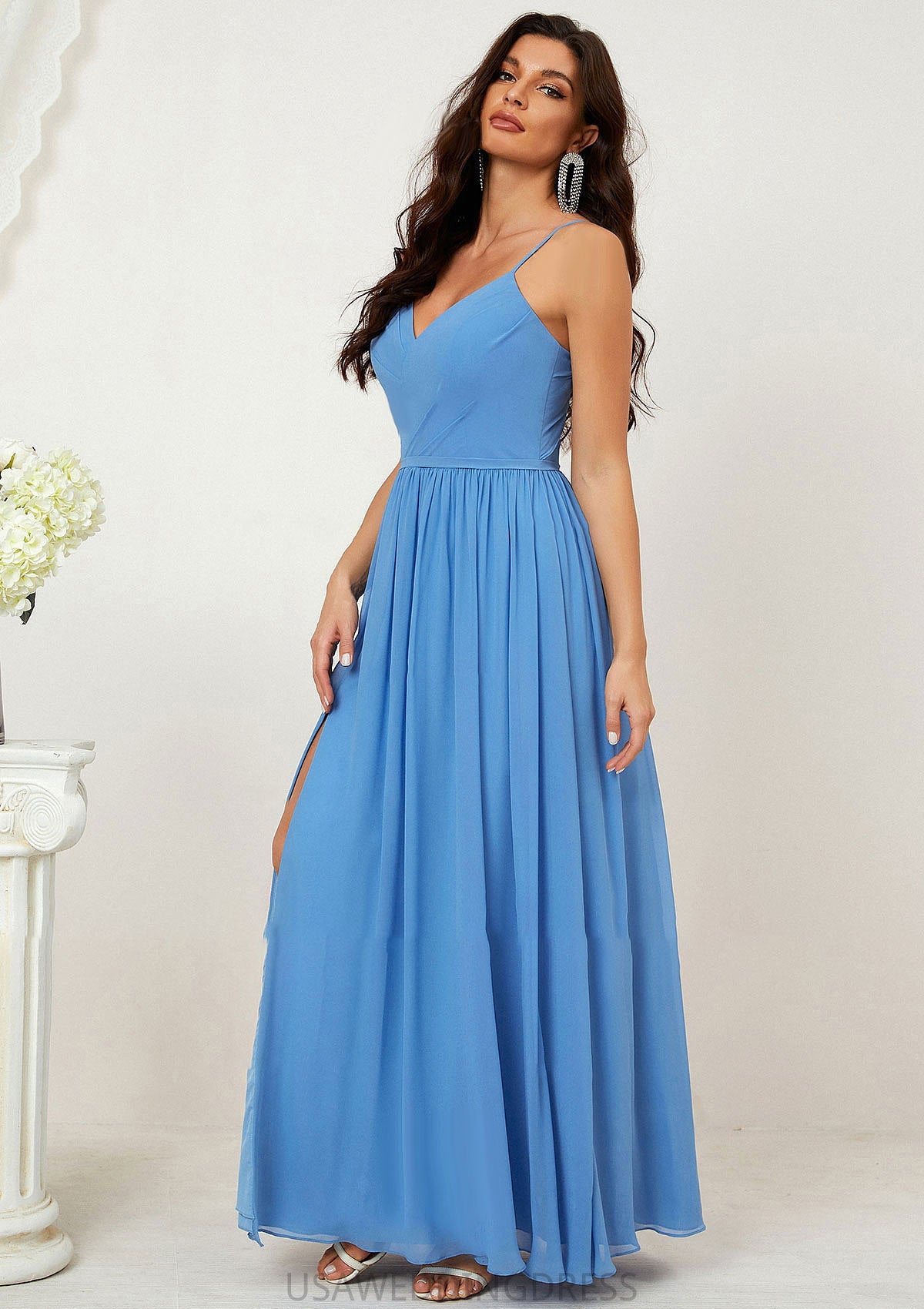 A-line V Neck Sleeveless Chiffon Long/Floor-Length Bridesmaid Dresses With Pleated Split Ariana DSP0025609