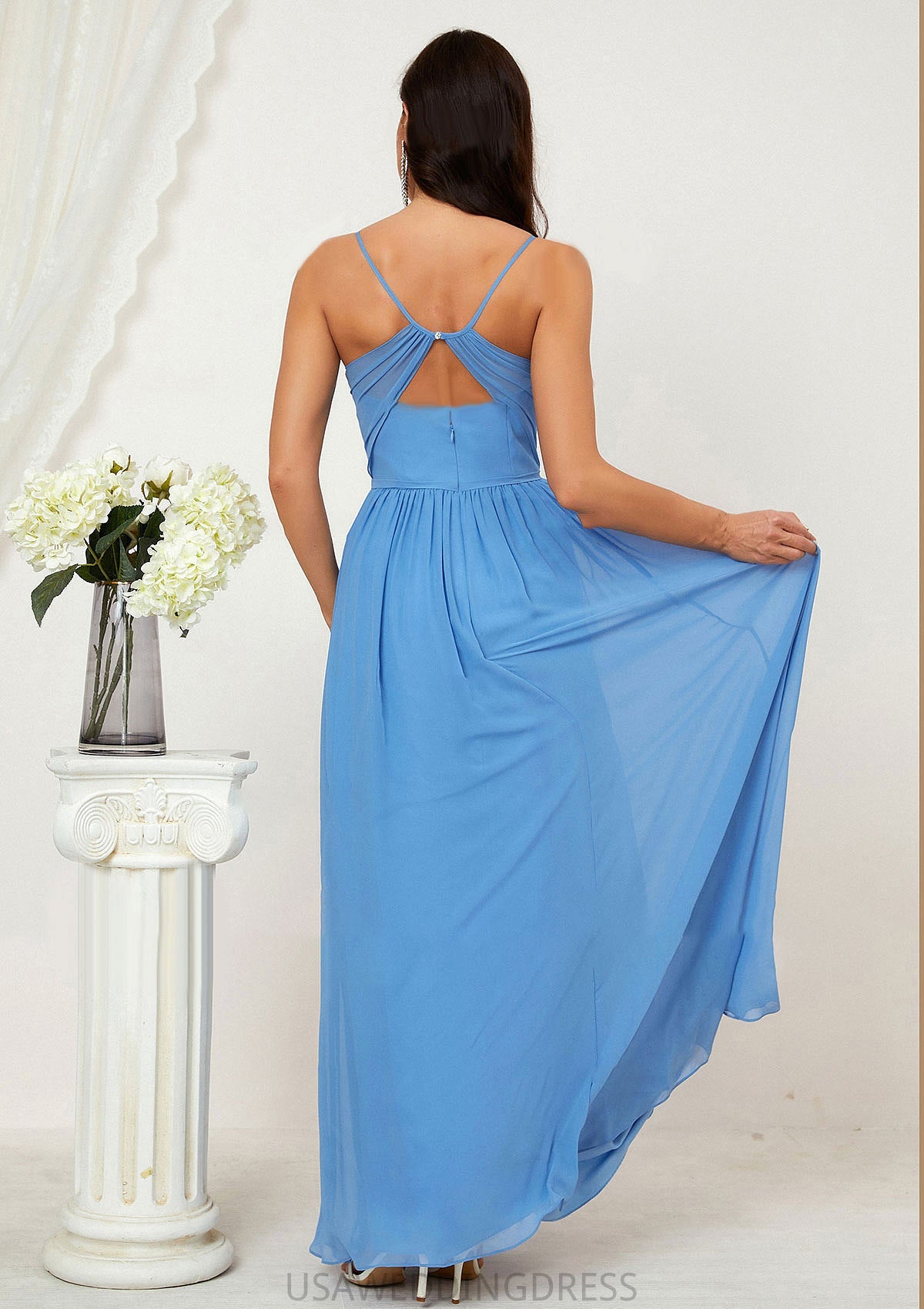 A-line V Neck Sleeveless Chiffon Long/Floor-Length Bridesmaid Dresses With Pleated Split Ariana DSP0025609