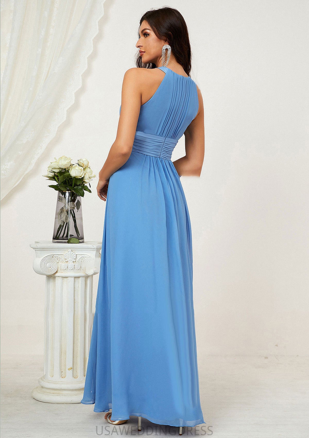 A-line Halter Sleeveless Chiffon Long/Floor-Length Bridesmaid Dresses With Pleated Kyleigh DSP0025610