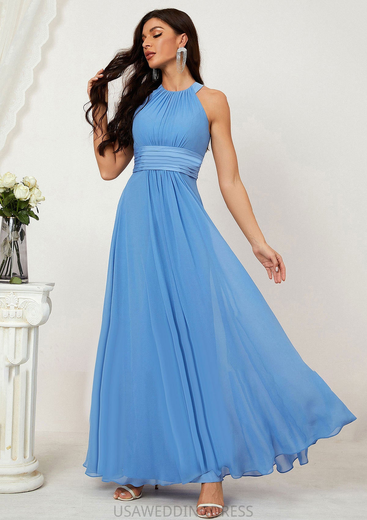 A-line Halter Sleeveless Chiffon Long/Floor-Length Bridesmaid Dresses With Pleated Kyleigh DSP0025610