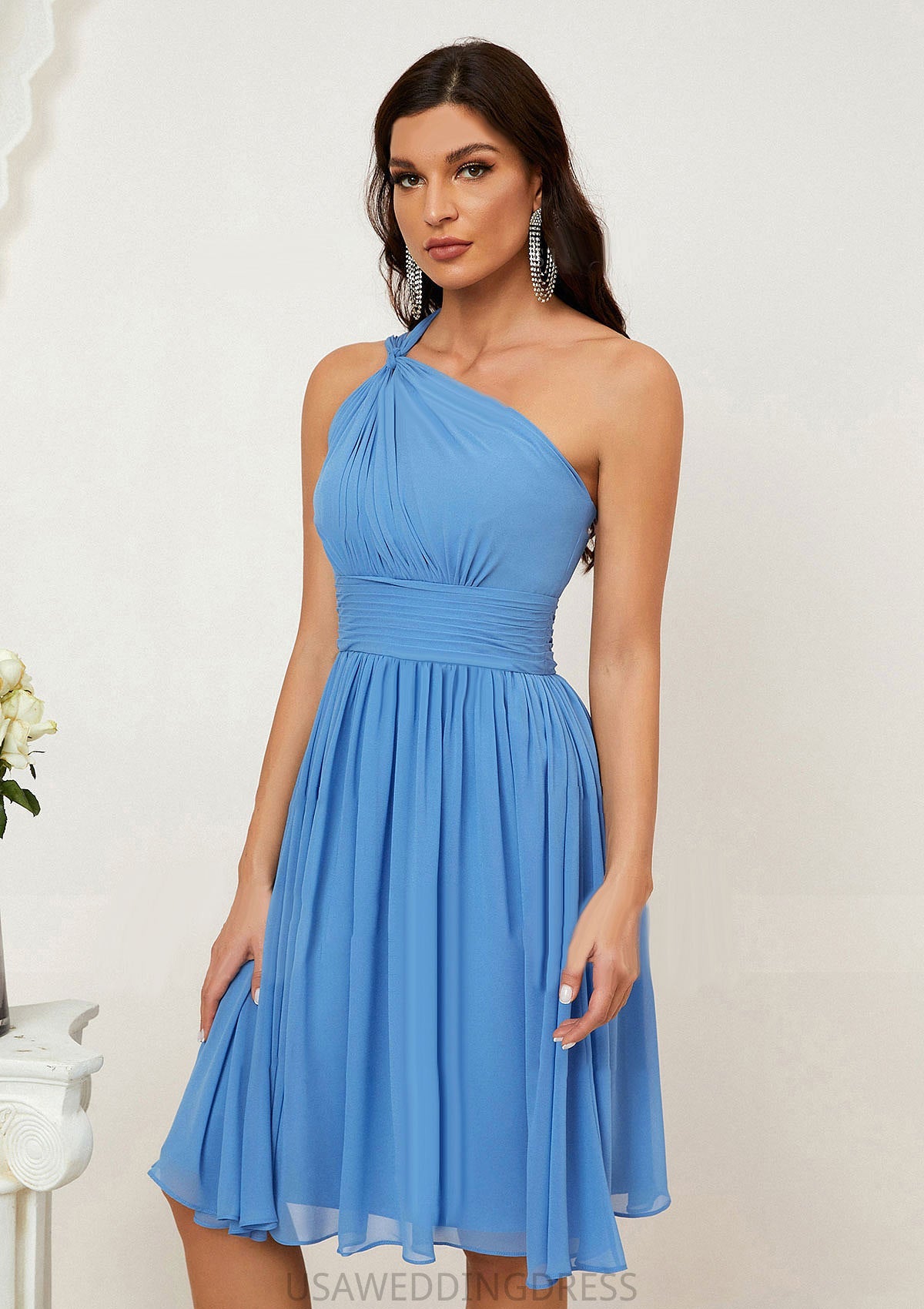 A-line One-Shoulder Sleeveless Chiffon Knee-Length Bridesmaid Dresses With Pleated Raquel DSP0025612