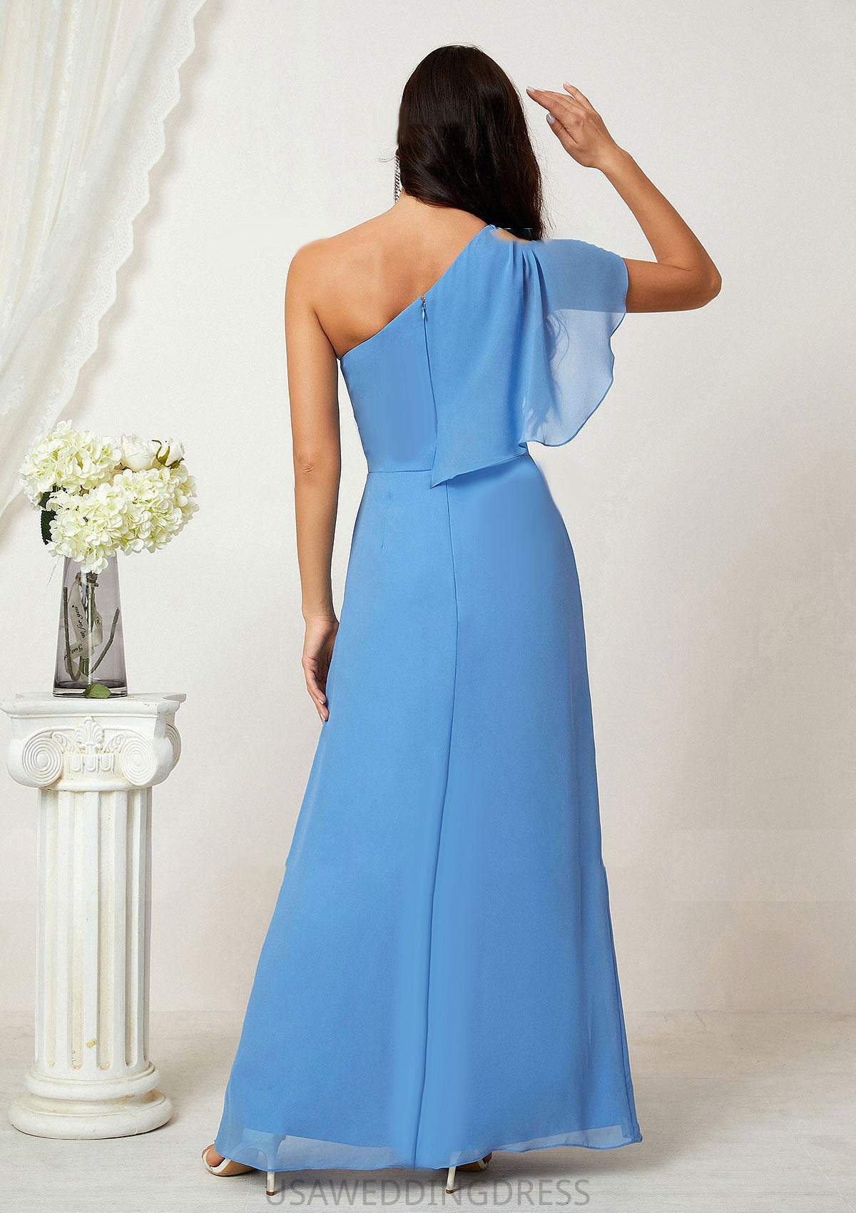 A-line One-Shoulder Sleeveless Chiffon Long/Floor-Length Bridesmaid Dresses With Pleated Split Makena DSP0025613