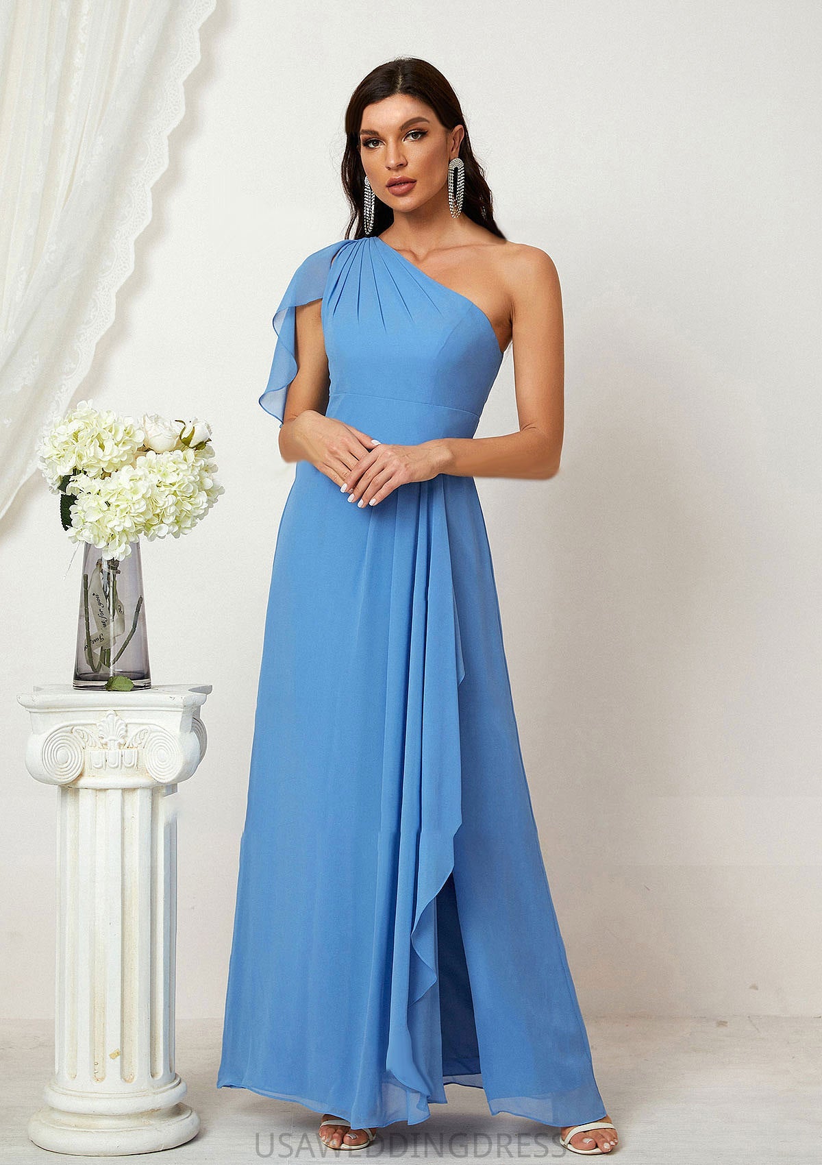 A-line One-Shoulder Sleeveless Chiffon Long/Floor-Length Bridesmaid Dresses With Pleated Split Makena DSP0025613