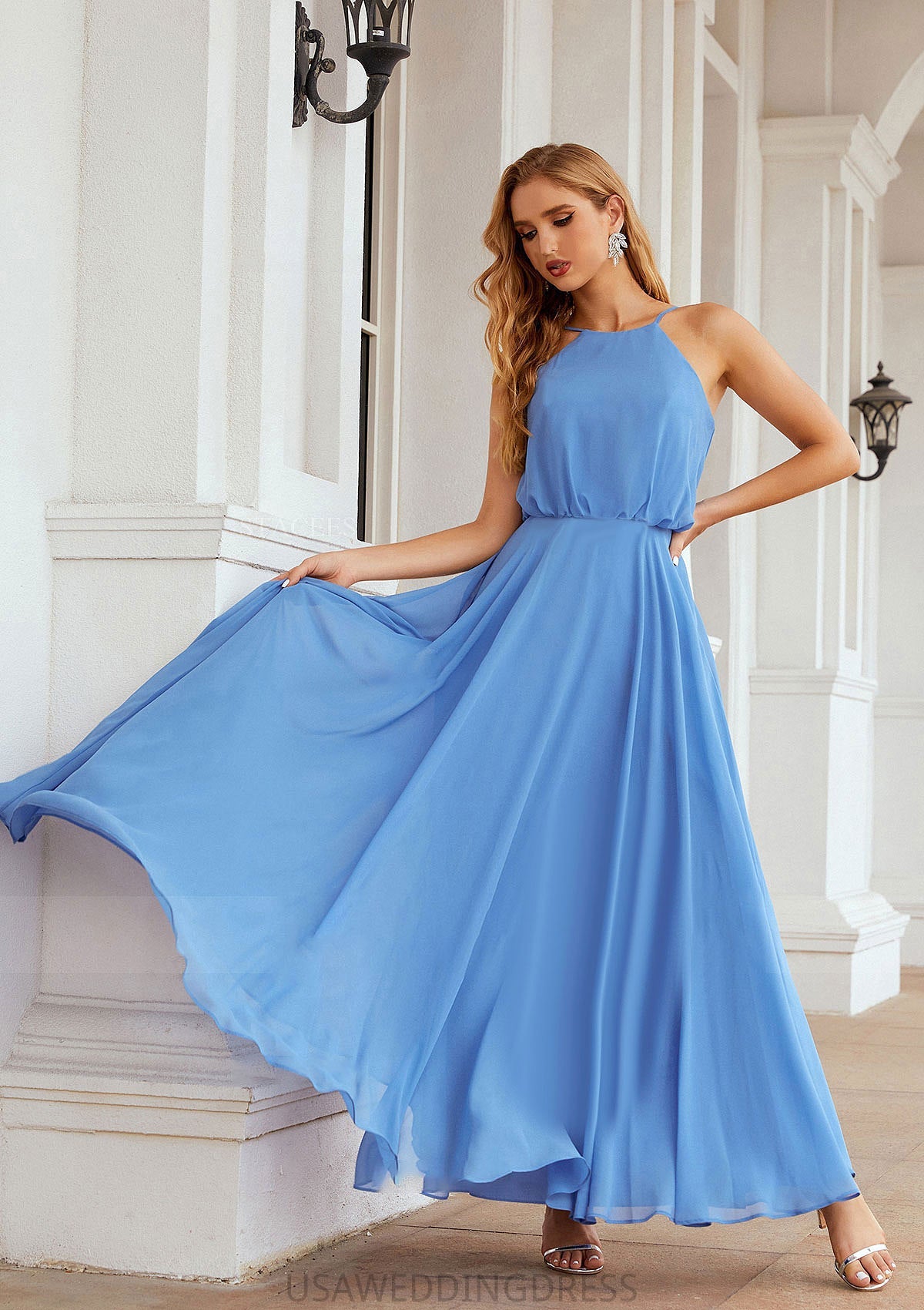 A-line Halter Sleeveless Chiffon Long/Floor-Length Bridesmaid Dresses With Pleated Lydia DSP0025621