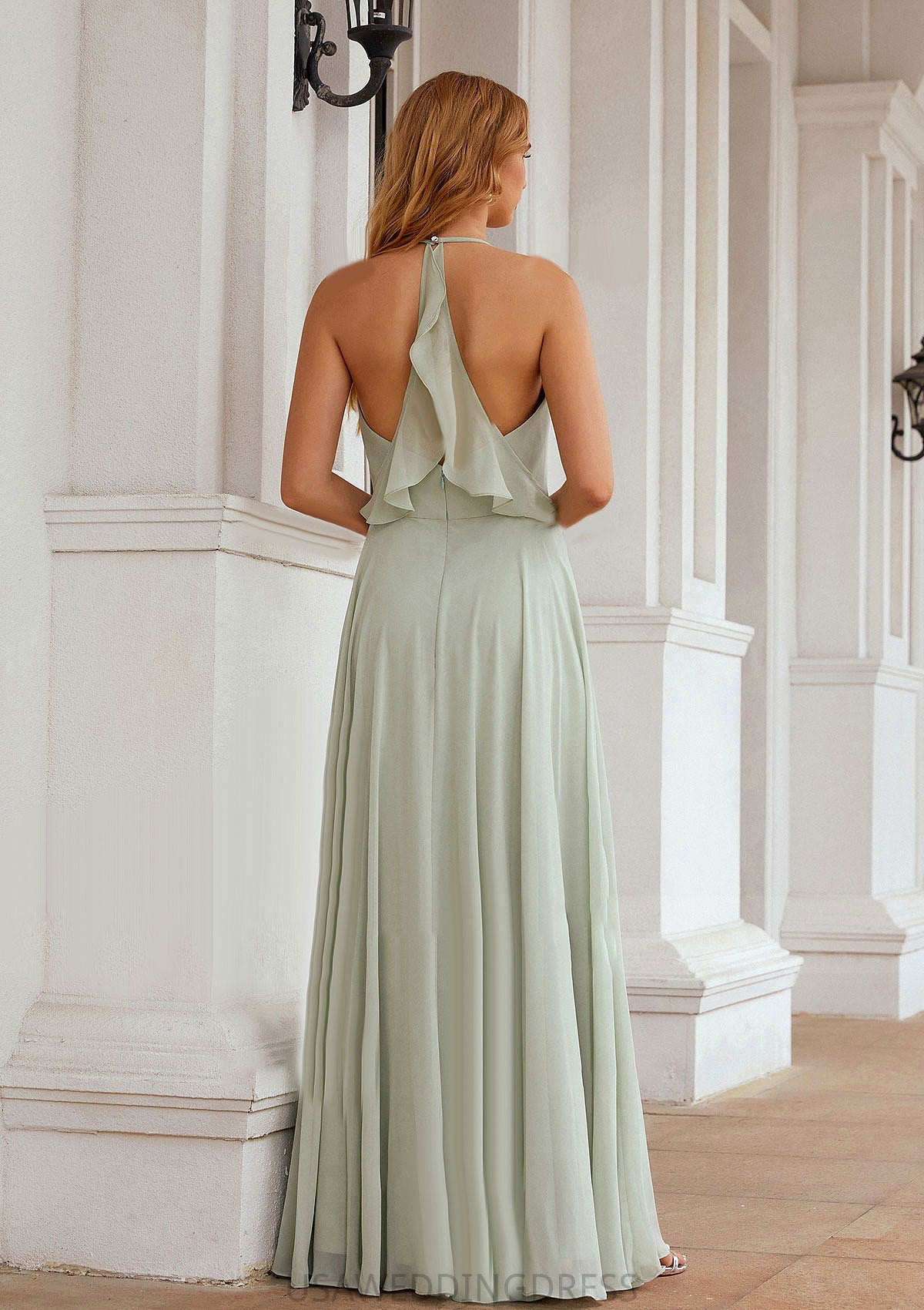 A-line Halter Sleeveless Chiffon Long/Floor-Length Bridesmaid Dresses With Pleated Ruffles Ryann DSP0025623
