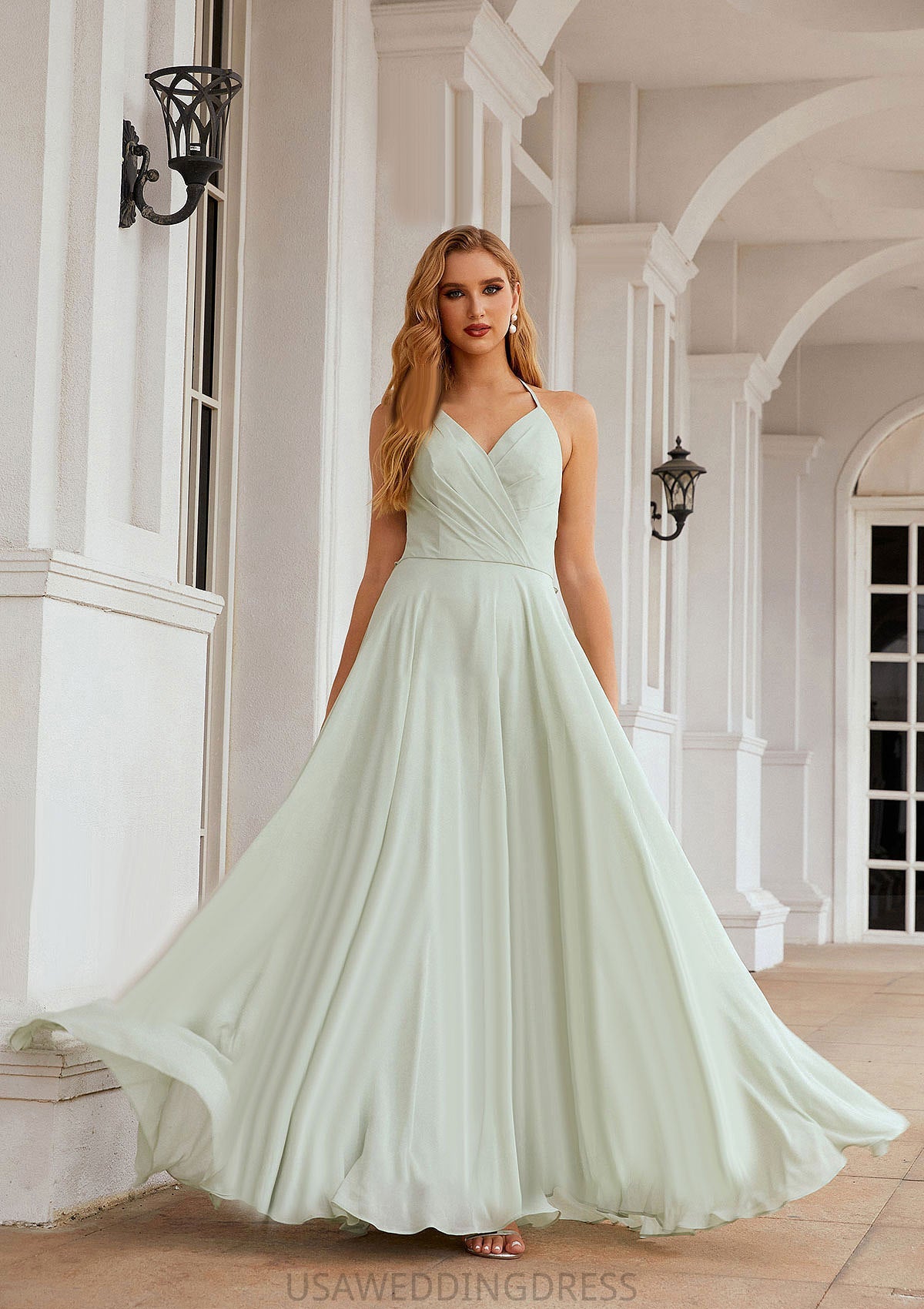 A-line Halter Sleeveless Chiffon Long/Floor-Length Bridesmaid Dresses With Pleated Ruffles Ryann DSP0025623