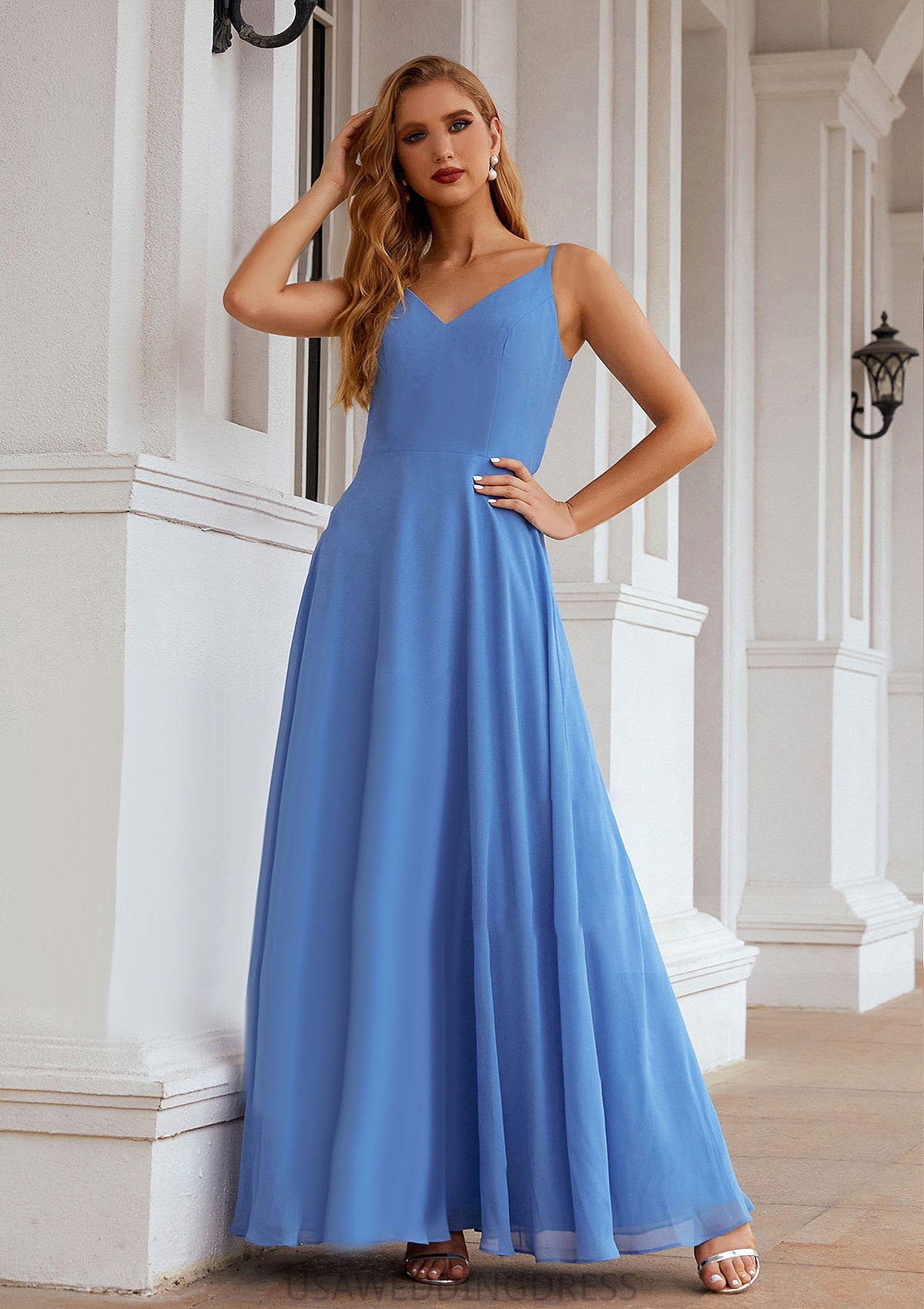 A-line Empire V Neck Long/Floor-Length Chiffon Bridesmaid Dresses With Pleated Nita DSP0025624
