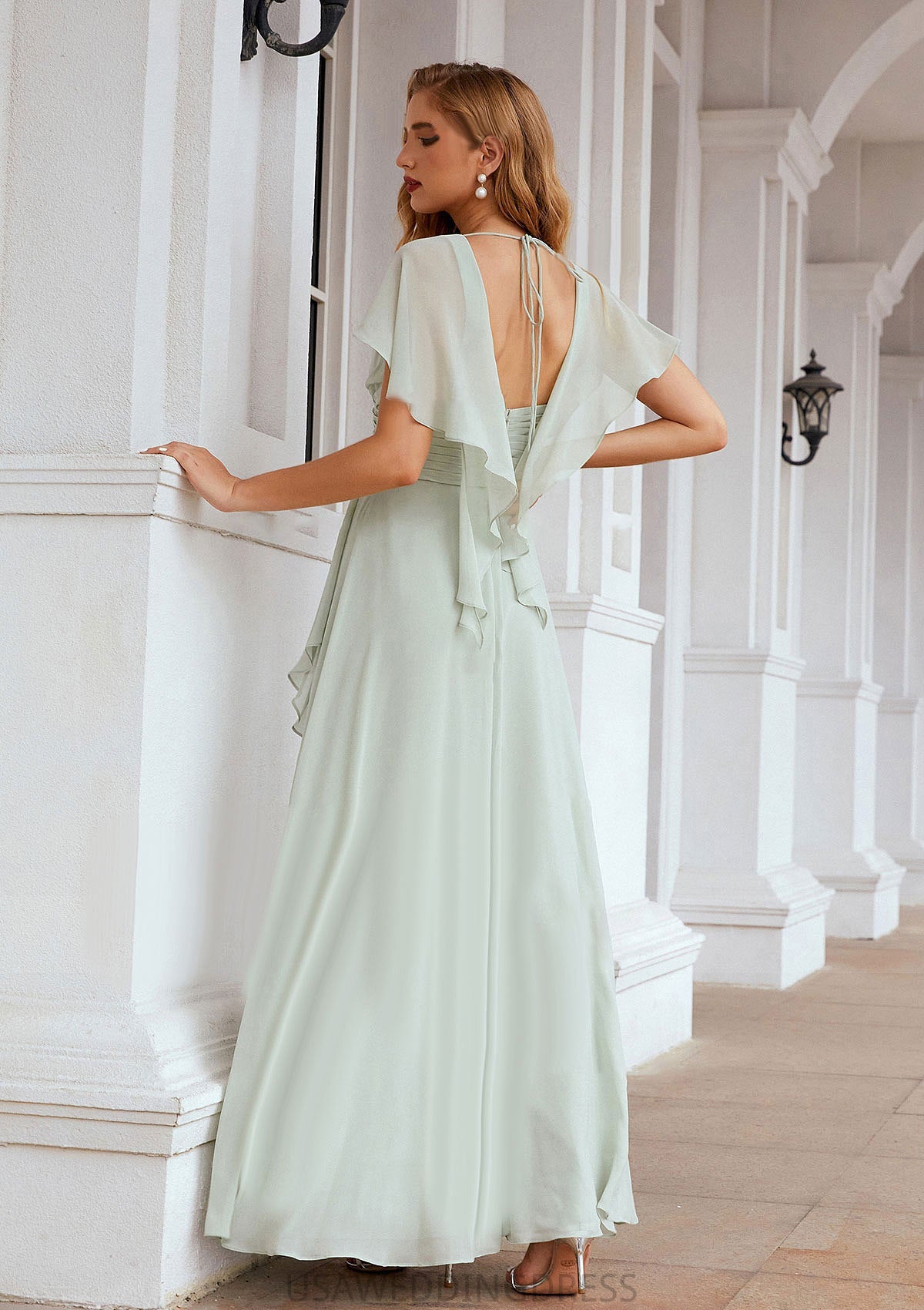 A-line V Neck Short Sleeve Chiffon Long/Floor-Length Bridesmaid Dresses With Pleated Ruffles Joselyn DSP0025626