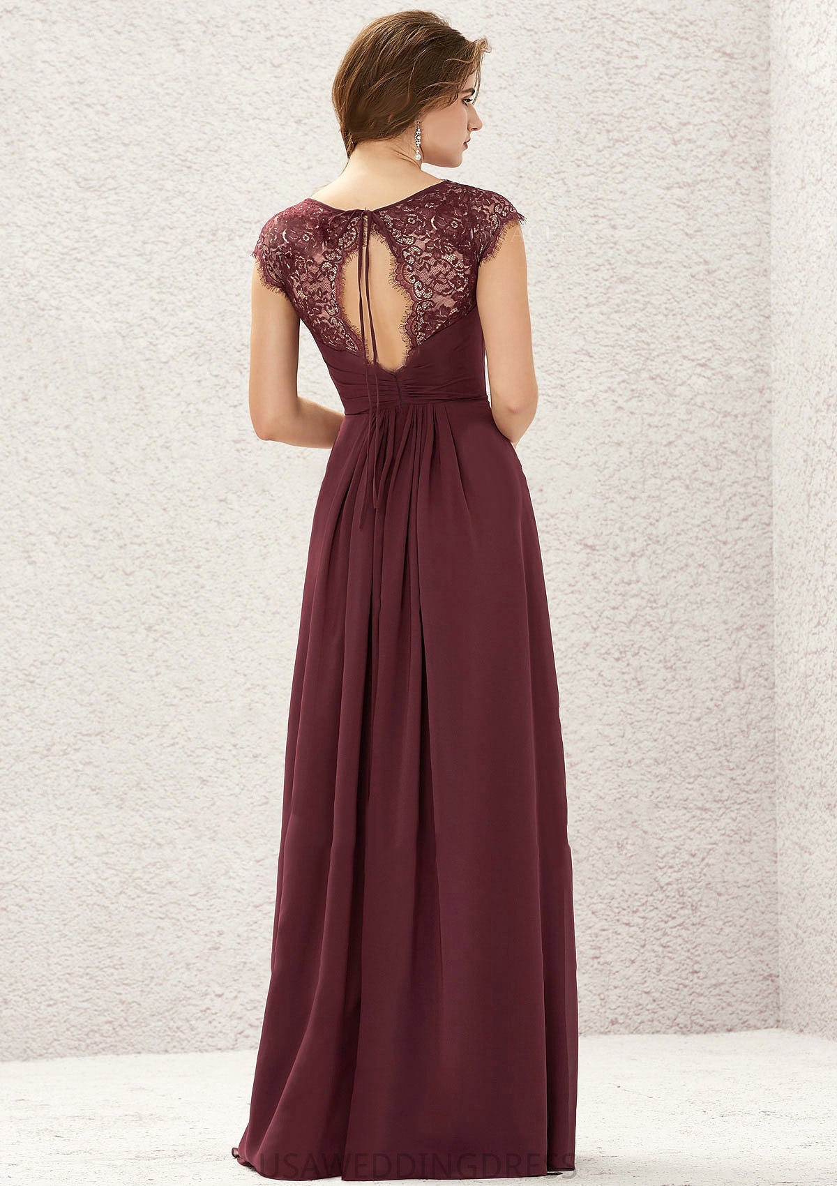 A-line V Neck Sleeveless Chiffon Long/Floor-Length Bridesmaid Dresses With Pleated Lace Liz DSP0025627