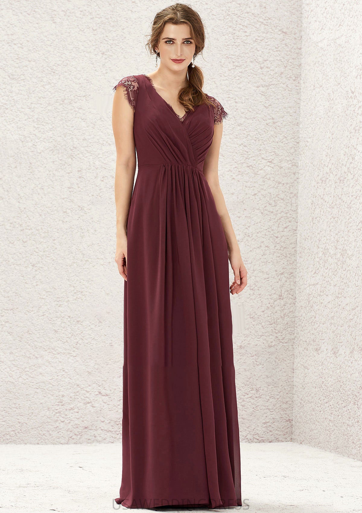 A-line V Neck Sleeveless Chiffon Long/Floor-Length Bridesmaid Dresses With Pleated Lace Liz DSP0025627