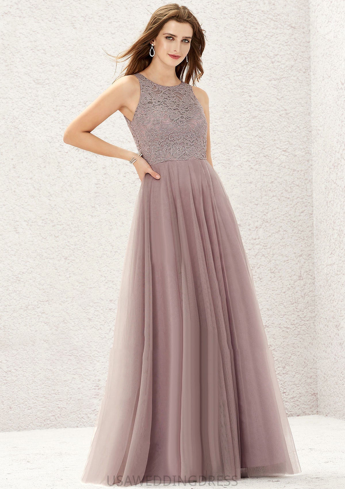 A-line Scoop Neck Sleeveless Lace Tulle Long/Floor-Length Bridesmaid Dresses Nola DSP0025631
