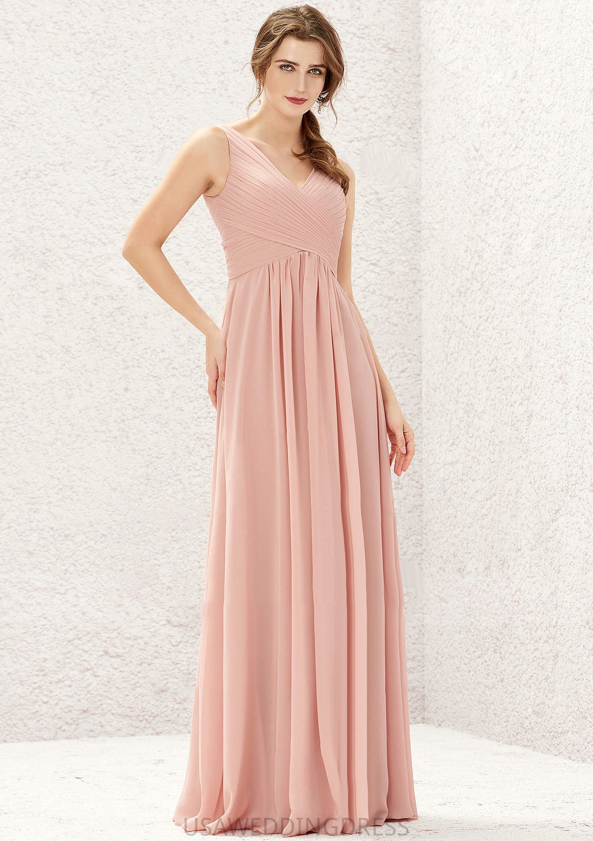 A-line V Neck Sleeveless Chiffon Long/Floor-Length Bridesmaid Dresses With Pleated Amber DSP0025632