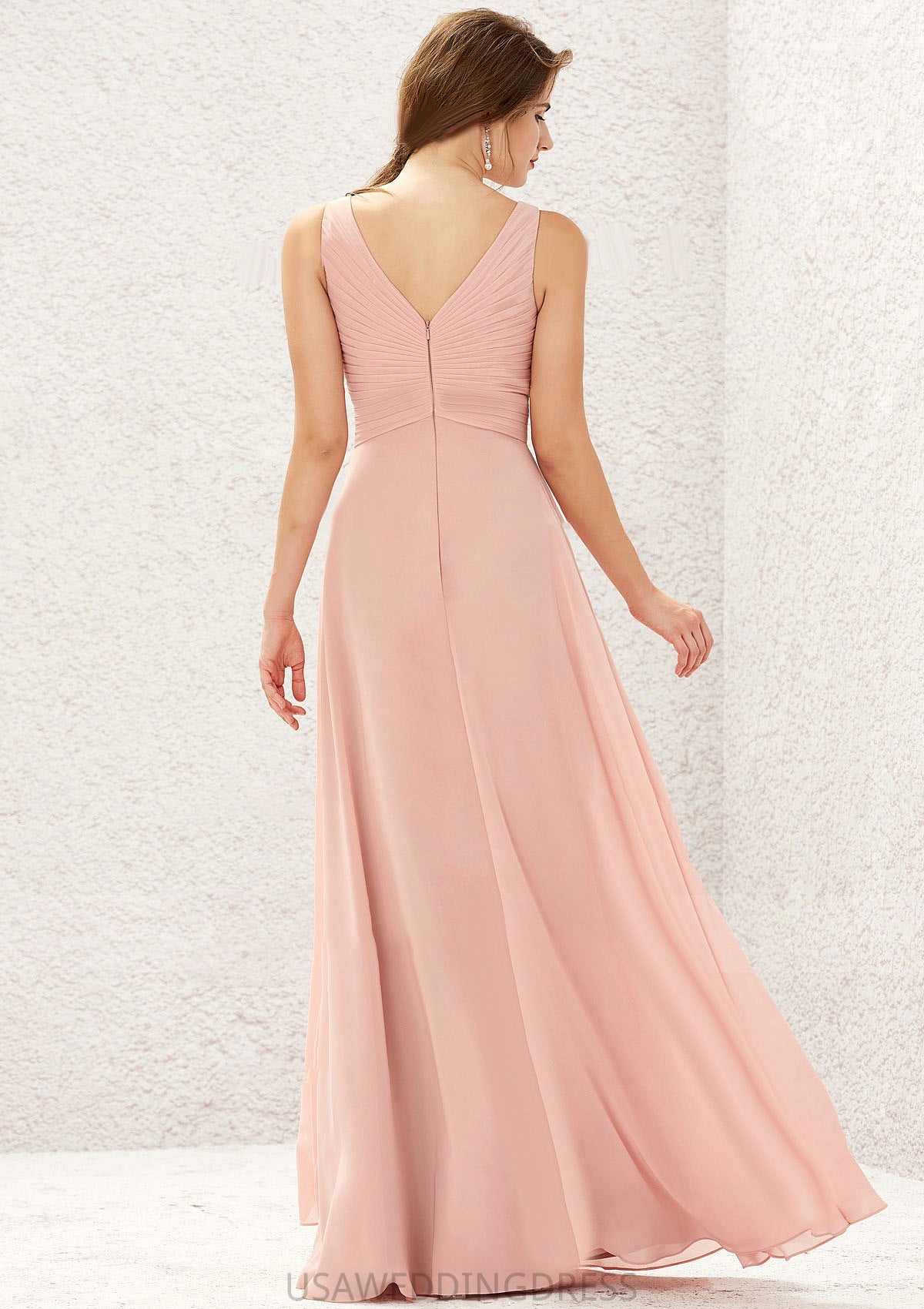 A-line V Neck Sleeveless Chiffon Long/Floor-Length Bridesmaid Dresses With Pleated Amber DSP0025632