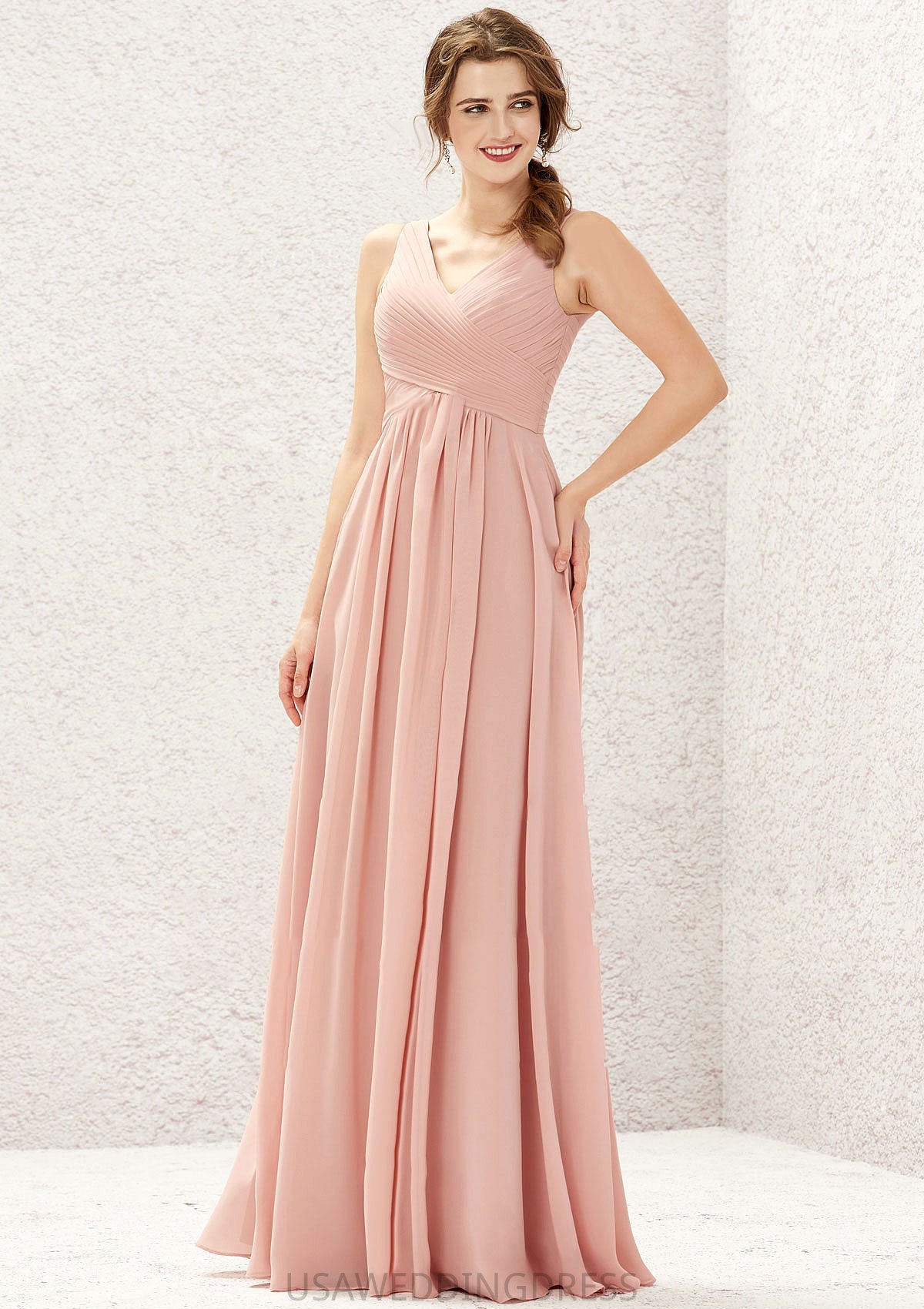 A-line V Neck Sleeveless Chiffon Long/Floor-Length Bridesmaid Dresses With Pleated Amber DSP0025632