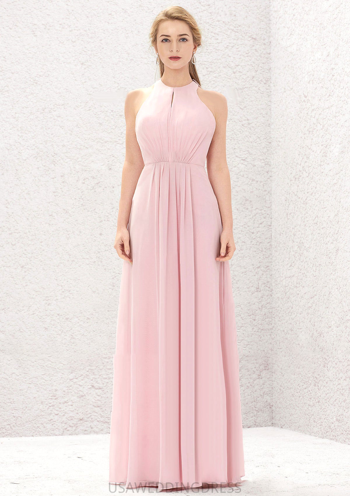 A-line Halter Sleeveless Chiffon Long/Floor-Length Bridesmaid Dresses With Pleated Taryn DSP0025634