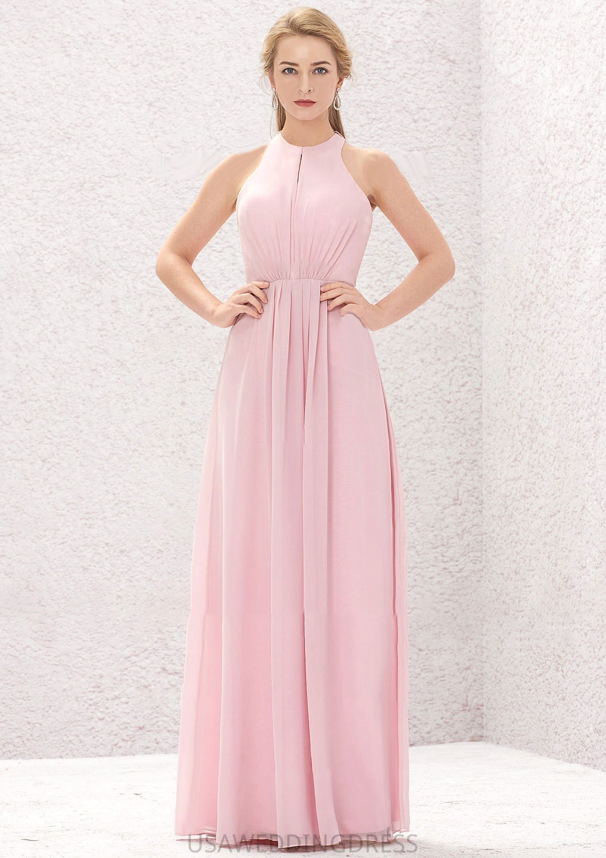A-line Halter Sleeveless Chiffon Long/Floor-Length Bridesmaid Dresses With Pleated Taryn DSP0025634