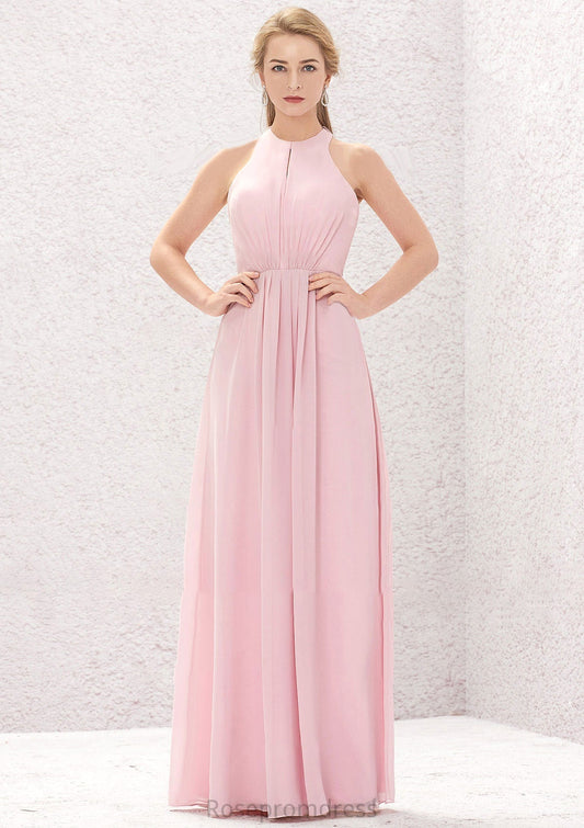 A-line Halter Sleeveless Chiffon Long/Floor-Length Bridesmaid Dresses With Pleated Robin SRSP0025634