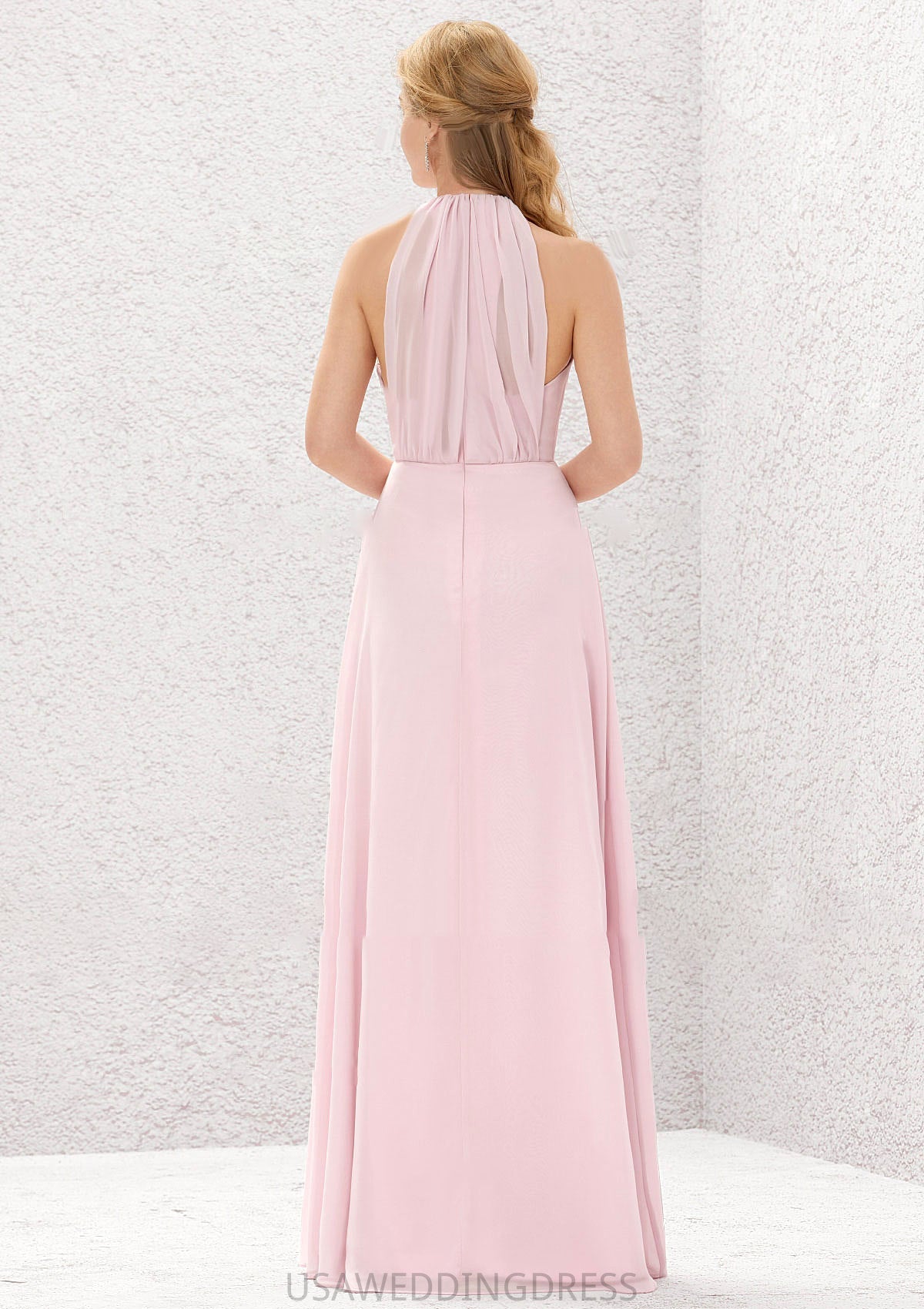 A-line Halter Sleeveless Chiffon Long/Floor-Length Bridesmaid Dresses With Pleated Taryn DSP0025634