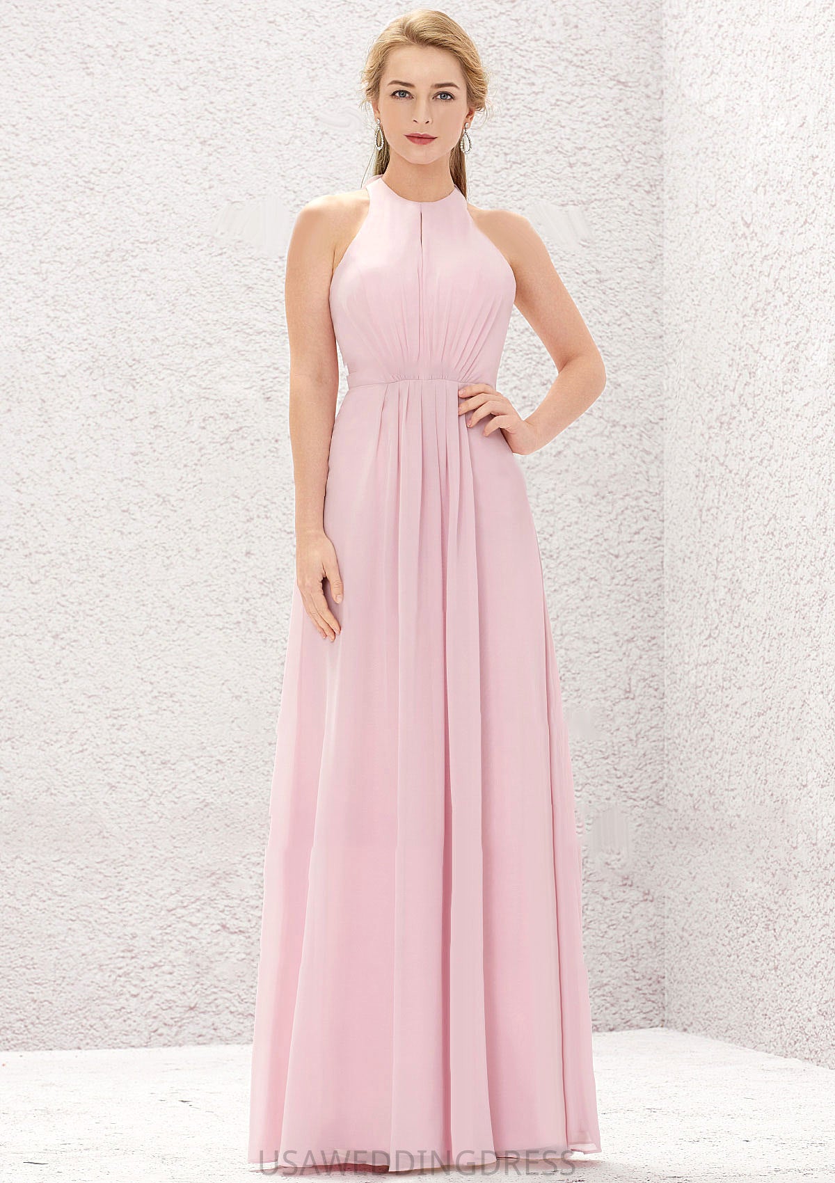 A-line Halter Sleeveless Chiffon Long/Floor-Length Bridesmaid Dresses With Pleated Taryn DSP0025634