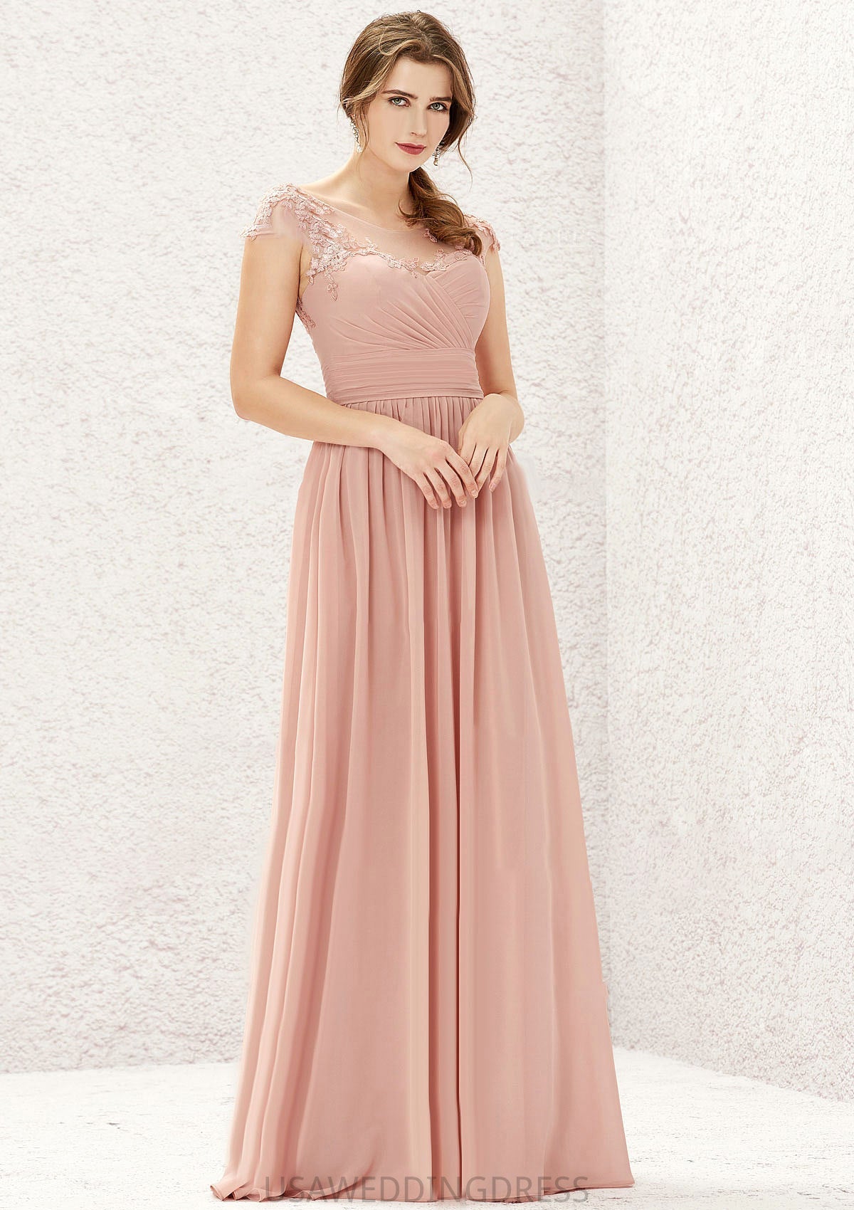 A-line Illusion Neck Sleeveless Chiffon Long/Floor-Length Bridesmaid Dresses With Appliqued Pleated Gianna DSP0025636