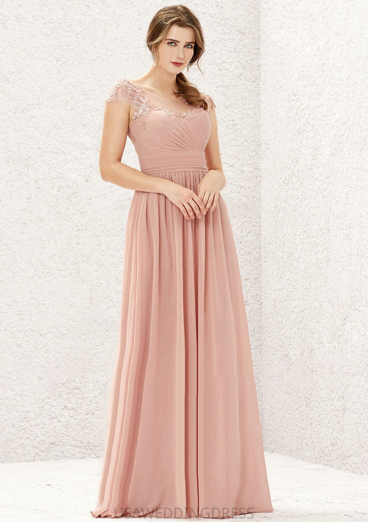 A-line Illusion Neck Sleeveless Chiffon Long/Floor-Length Bridesmaid Dresses With Appliqued Pleated Gianna DSP0025636