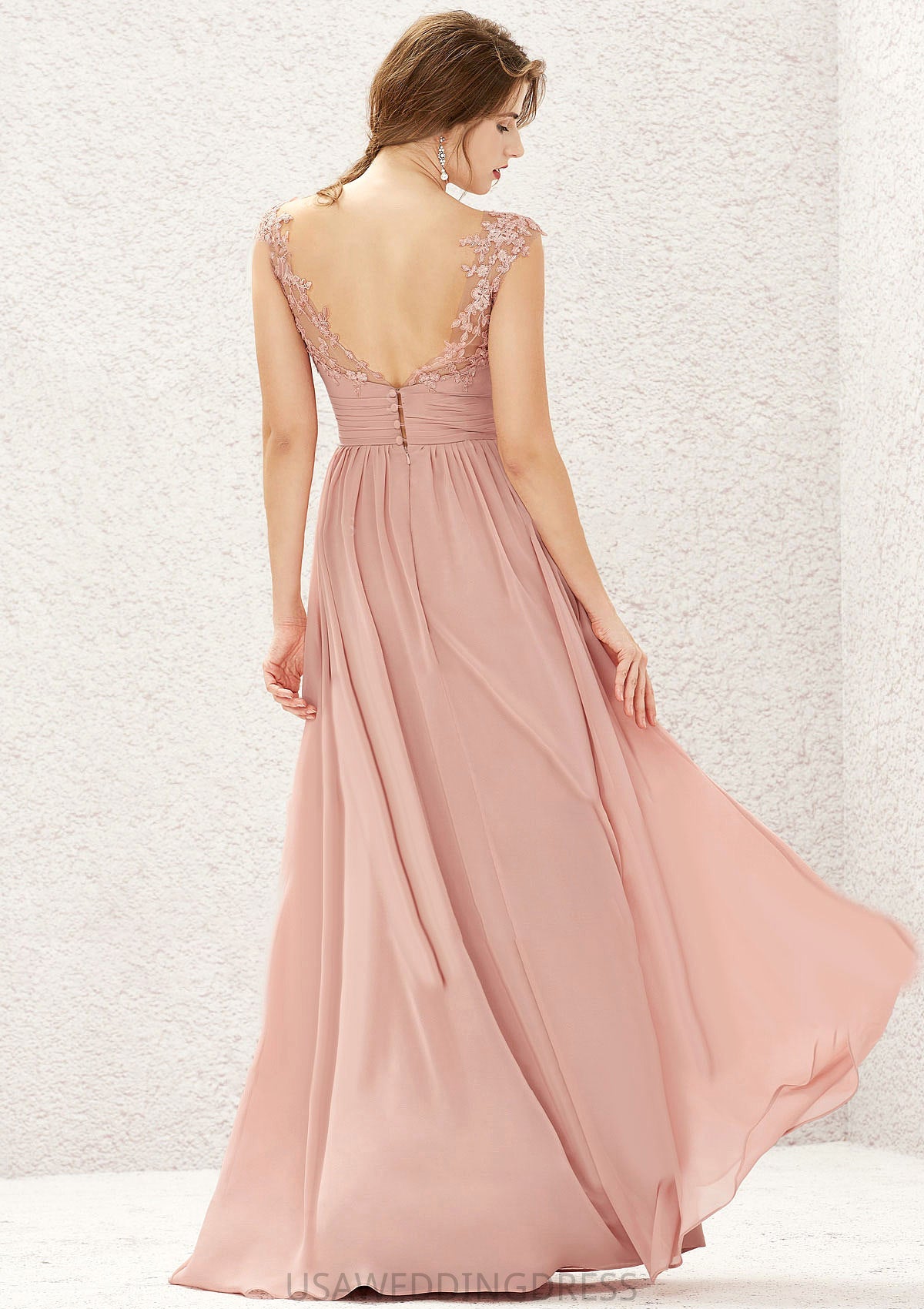 A-line Illusion Neck Sleeveless Chiffon Long/Floor-Length Bridesmaid Dresses With Appliqued Pleated Gianna DSP0025636