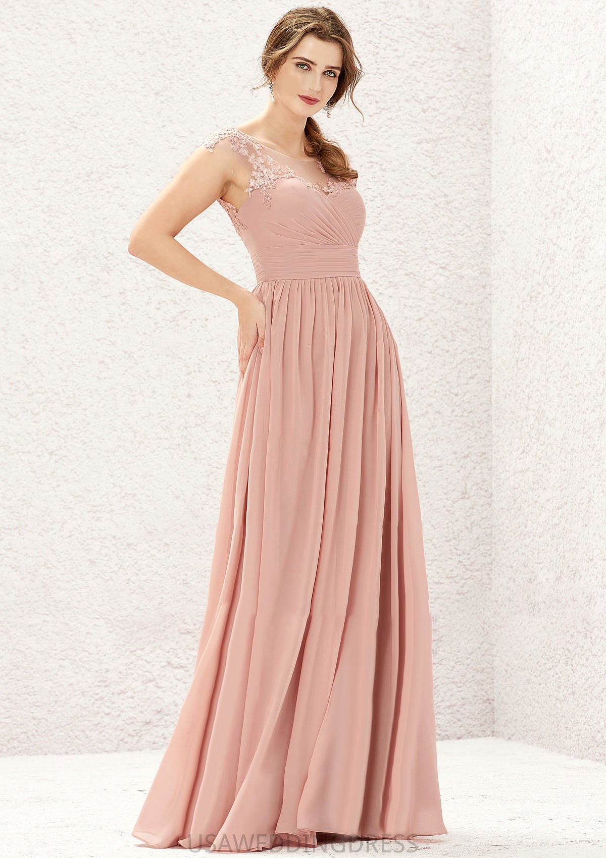 A-line Illusion Neck Sleeveless Chiffon Long/Floor-Length Bridesmaid Dresses With Appliqued Pleated Gianna DSP0025636