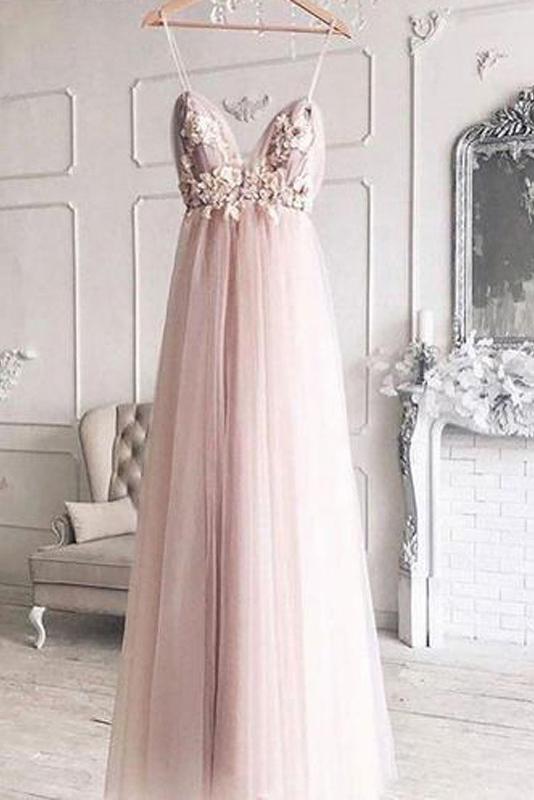 Elegant A Line Spaghetti Straps V Neck Prom Dress With Handmade Flowers, Bridesmaid Dress SRS15577