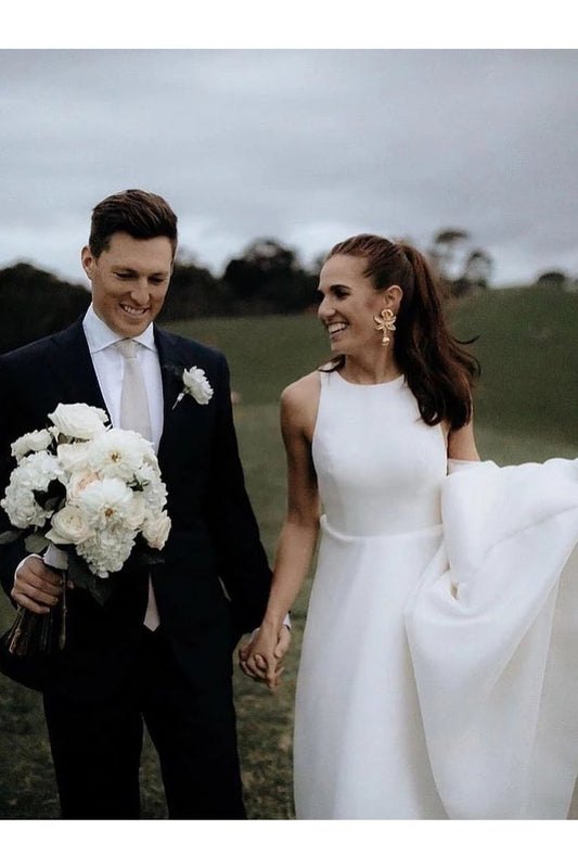 Simple Round Neck Satin Ivory Wedding Dresses With Pockets Long Wedding SRSPG7X4QMY