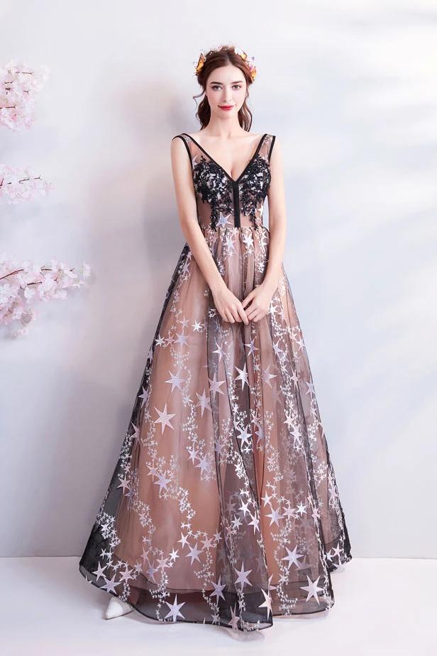 Princess A Line V Neck Applique Prom Dresses with Stars, Lace up Evening Dresses SRS15286