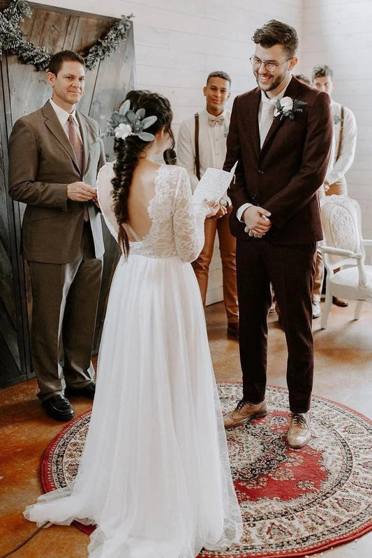 Elegant A Line Long Sleeves Round Neck Backless Boho Wedding Dress, Bridal SRS20409