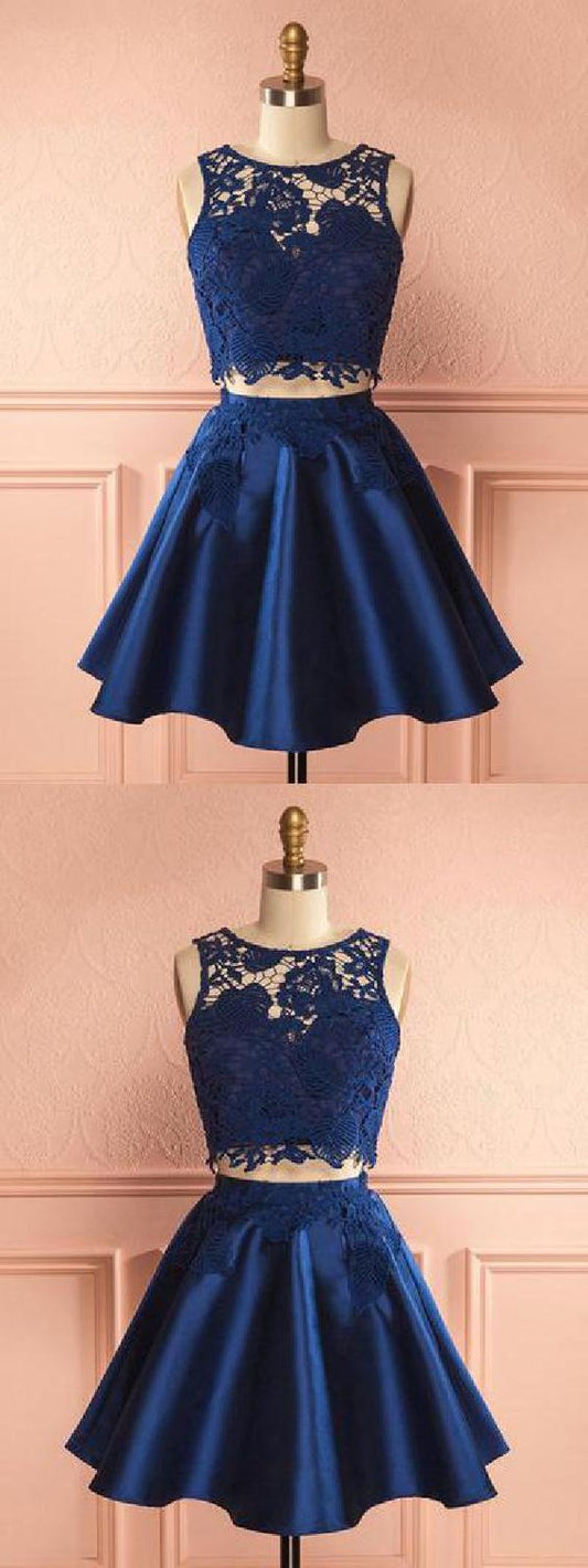 2 Two Pieces Satin Homecoming Dresses Caroline Lace Pieces Navy Blue Party Dress