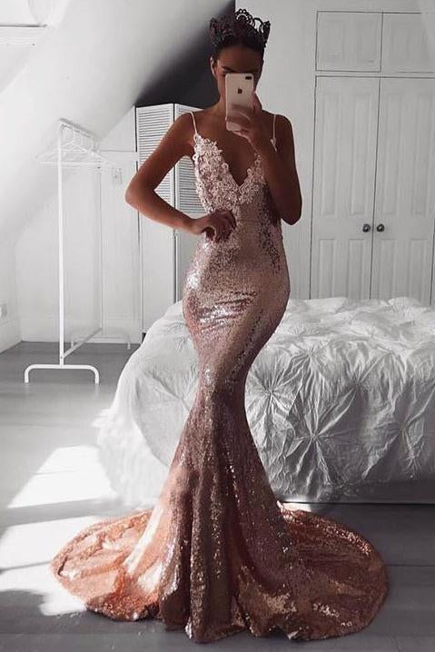 Sexy Rose Gold Sequins Mermaid Long Prom Dresses Spaghetti Straps Backless Party Dresses SRS15349