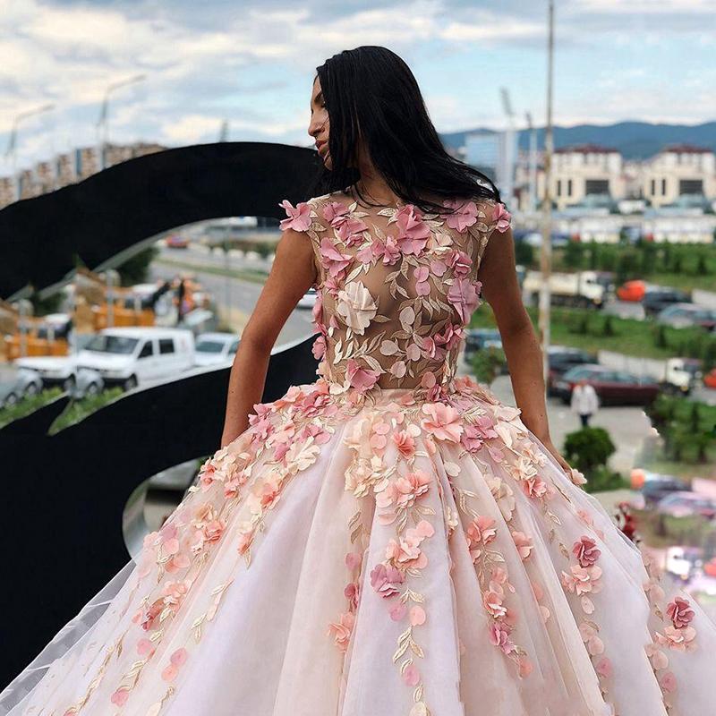 Princess Ball Gown Pink Tulle Prom Dresses with Handmade Flowers, Quinceanera SRS20430