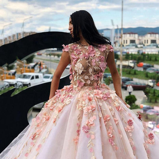 Princess Ball Gown Pink Tulle Prom Dresses with Handmade Flowers, Quinceanera SRS20430