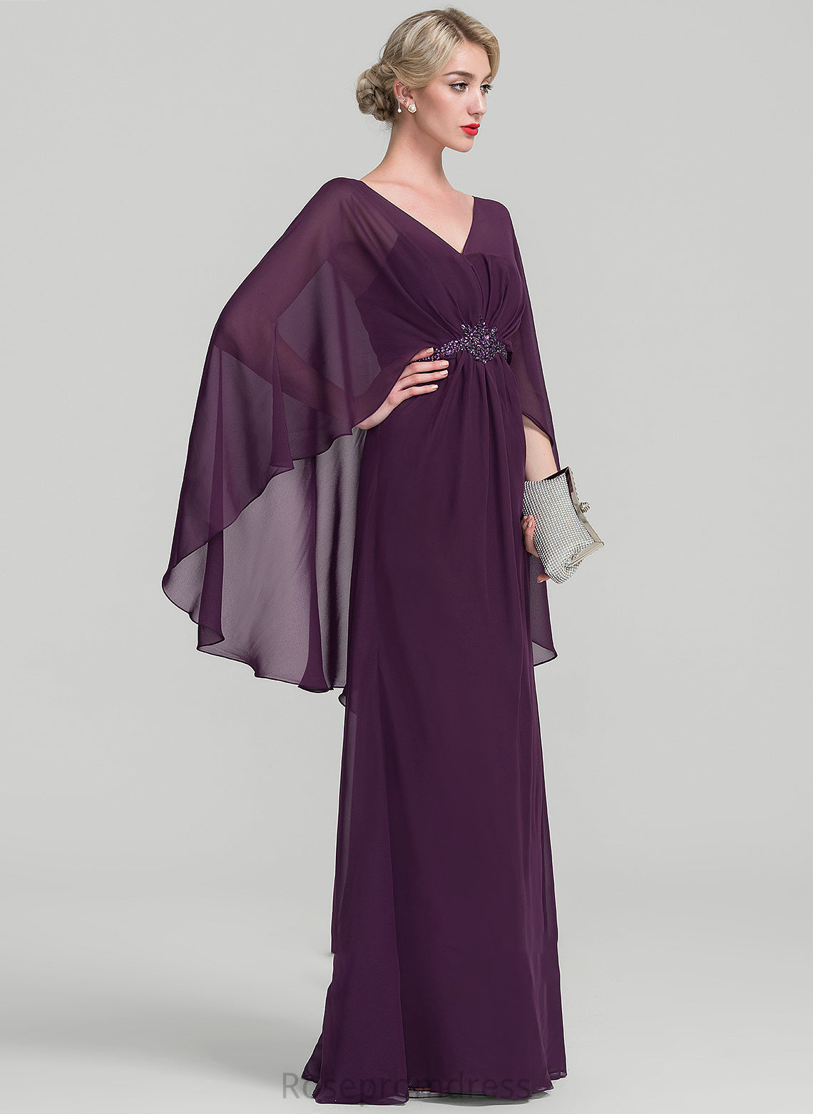 A-Line Floor-Length the Mother With Chiffon Ruffle Dress of Beading V-neck Mina Mother of the Bride Dresses Bride