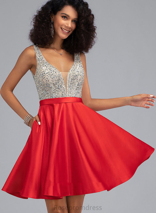 Pockets V-neck Homecoming Sequins Satin With Short/Mini Dress Homecoming Dresses Beading Nita A-Line