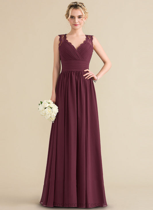 Neckline V-neck Embellishment Ruffle Floor-Length A-Line Fabric Length Bow(s) Silhouette Averie Natural Waist Bridesmaid Dresses