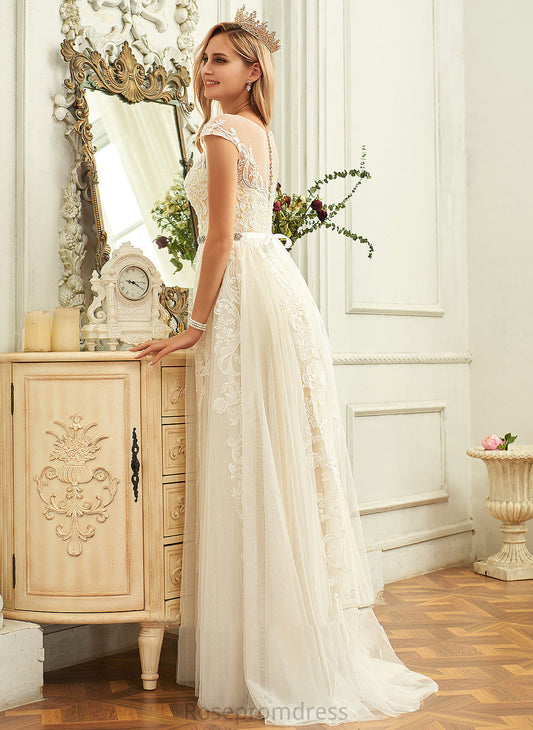 Josie Wedding Dresses A-Line Train Wedding Sweep Dress Ruffle Tulle With Lace Neck Scoop Lace