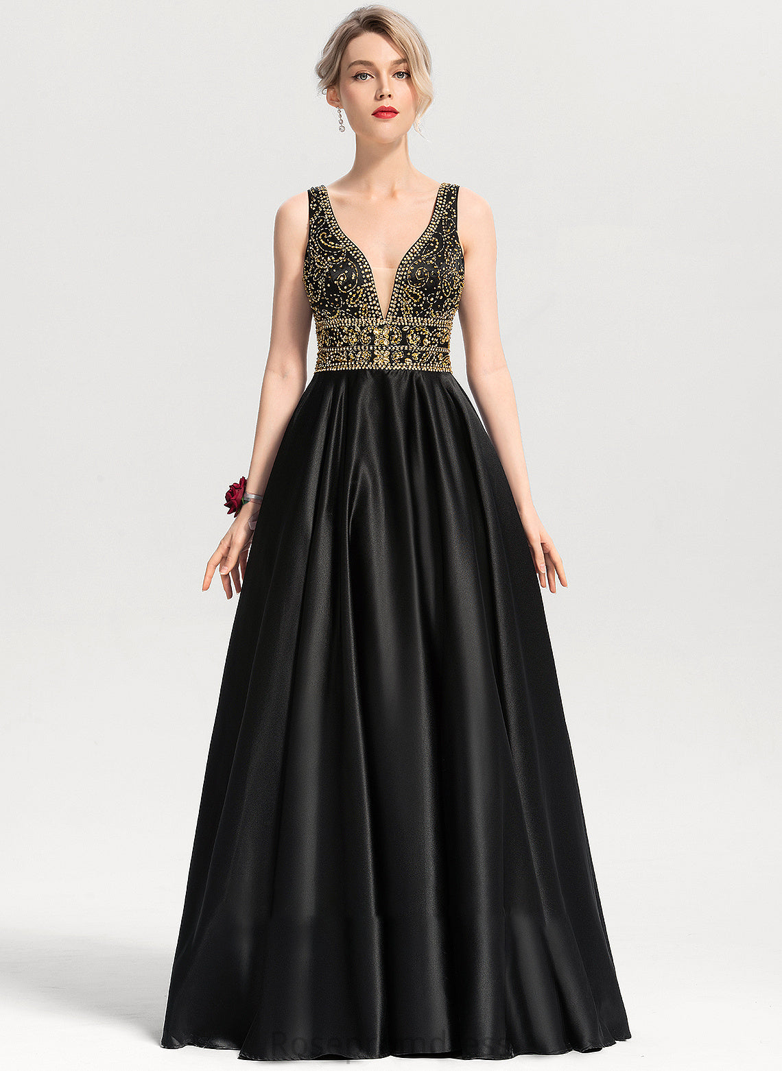 Sequins Satin Floor-Length V-neck With Emelia Prom Dresses Beading Ball-Gown/Princess