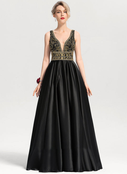 Sequins Satin Floor-Length V-neck With Emelia Prom Dresses Beading Ball-Gown/Princess